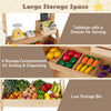 2-in-1 wooden mud kitchen and market stand features a large storage drawer, four compartments, and a low storage bin for kids.