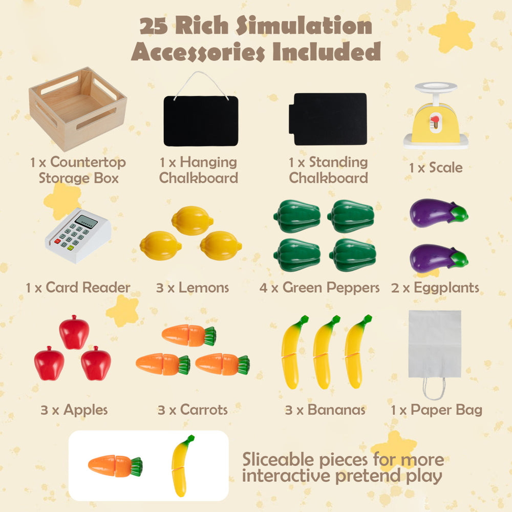 Wooden mud kitchen and market stand for kids with 25 accessories, including chalkboards and sliceable fruits for interactive play.