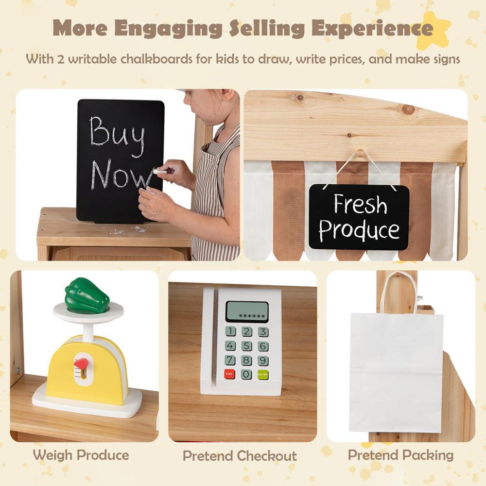 Wooden 2-in-1 mud kitchen and market stand with chalkboards, scale, and accessories for outdoor pretend play.