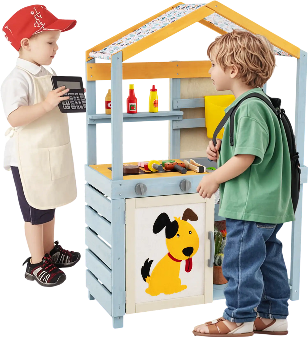 Double-sided 2 in 1 wooden mud kitchen with BBQ grill, removable water box, and storage bag for imaginative play.