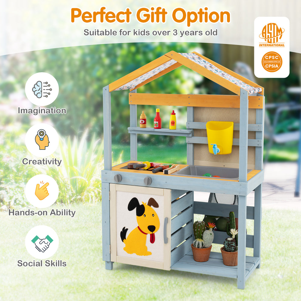 Double-sided 2 in 1 wooden mud kitchen with removable water box, BBQ grill, and storage bag for imaginative play.