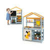 Double-sided wooden mud kitchen with removable water box, storage bag, and BBQ grill for imaginative play.