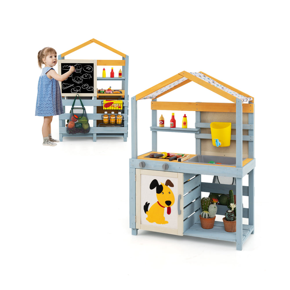 Double-sided wooden mud kitchen with removable water box, storage bag, and BBQ grill for imaginative play.