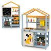 Double-sided 2 in 1 wooden mud kitchen with removable water box, gray finish, and BBQ grill for imaginative play.