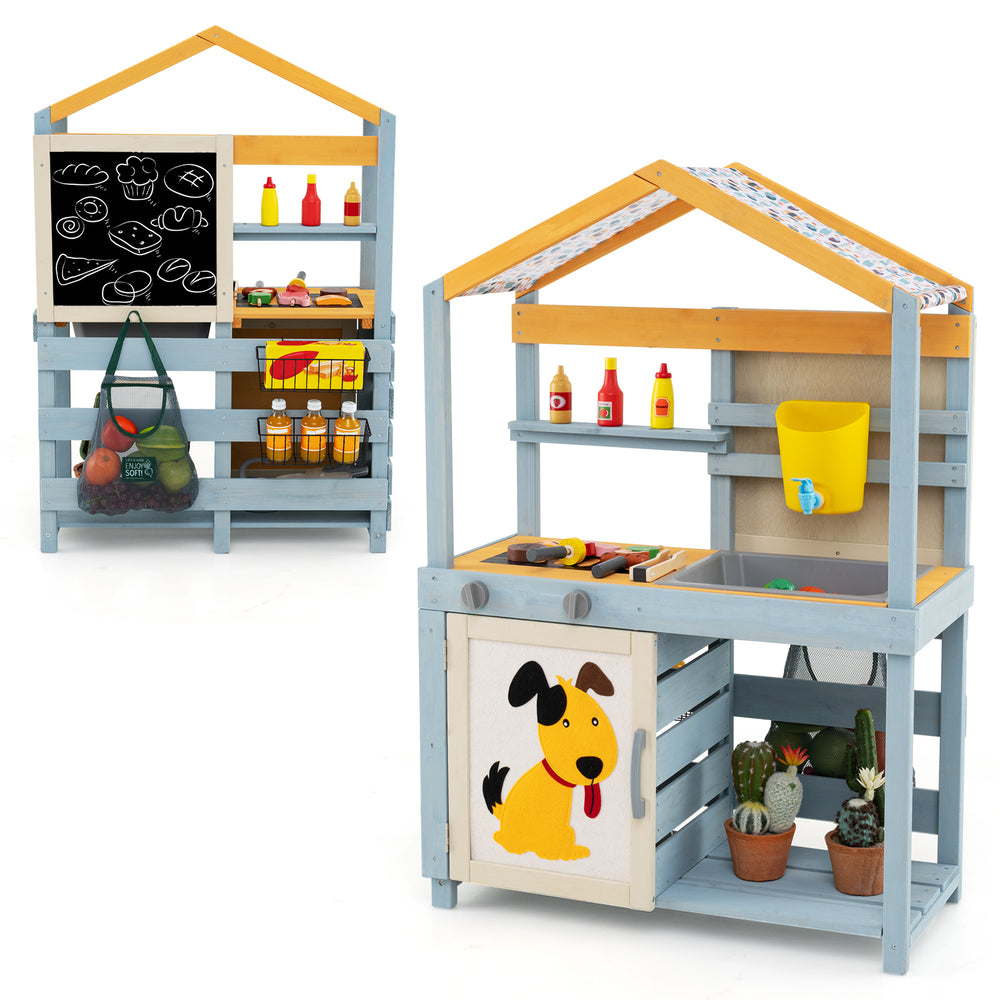 Double-sided 2 in 1 wooden mud kitchen with removable water box, gray finish, and BBQ grill for imaginative play.
