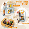 Double-sided wooden mud kitchen featuring a play kitchen and grocery store, with BBQ grill and food accessories for.