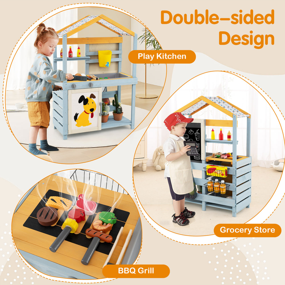 Double-sided wooden mud kitchen featuring a play kitchen and grocery store, with BBQ grill and food accessories for.
