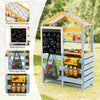 Wooden mud kitchen with removable water box, storage bag, and blackboard, perfect for outdoor play and creativity.