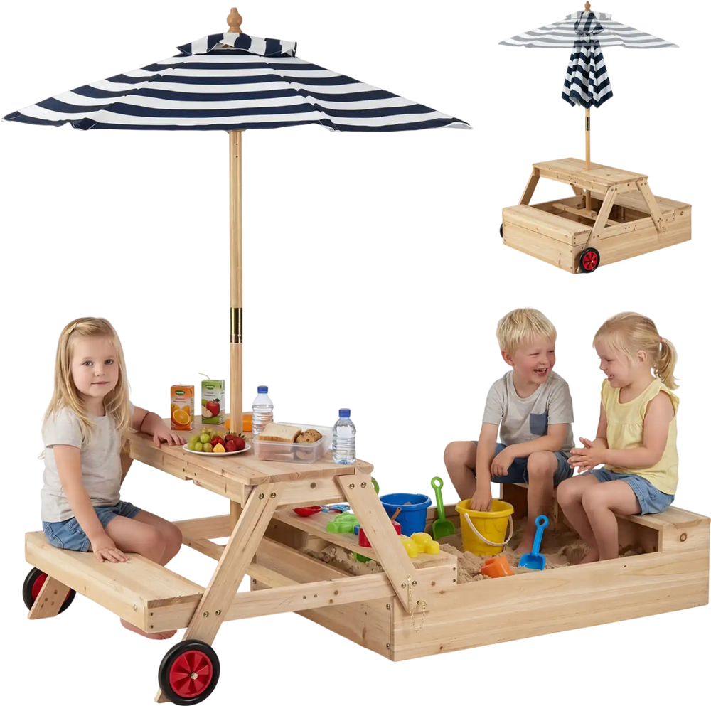 Wooden 2-in-1 sandbox with foldable umbrella, picnic table, and benches for outdoor play and shade for kids aged 3-5.