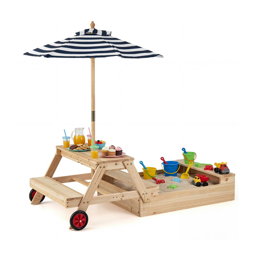 2-in-1 wooden sandbox with foldable umbrella and picnic table, featuring adjustable shade and durable fir wood for.