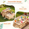 2-in-1 wooden sandbox and picnic table with removable tabletop, adjustable umbrella, and built-in bins for outdoor play.
