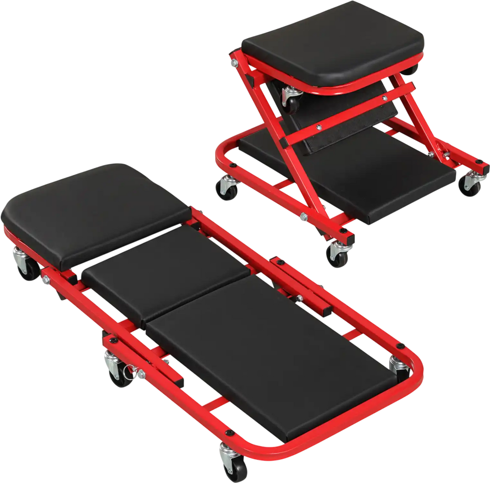 Z-shaped rolling garage stool and creeper in red with cushioned seat, supports 400 lbs, ideal for automotive repair.