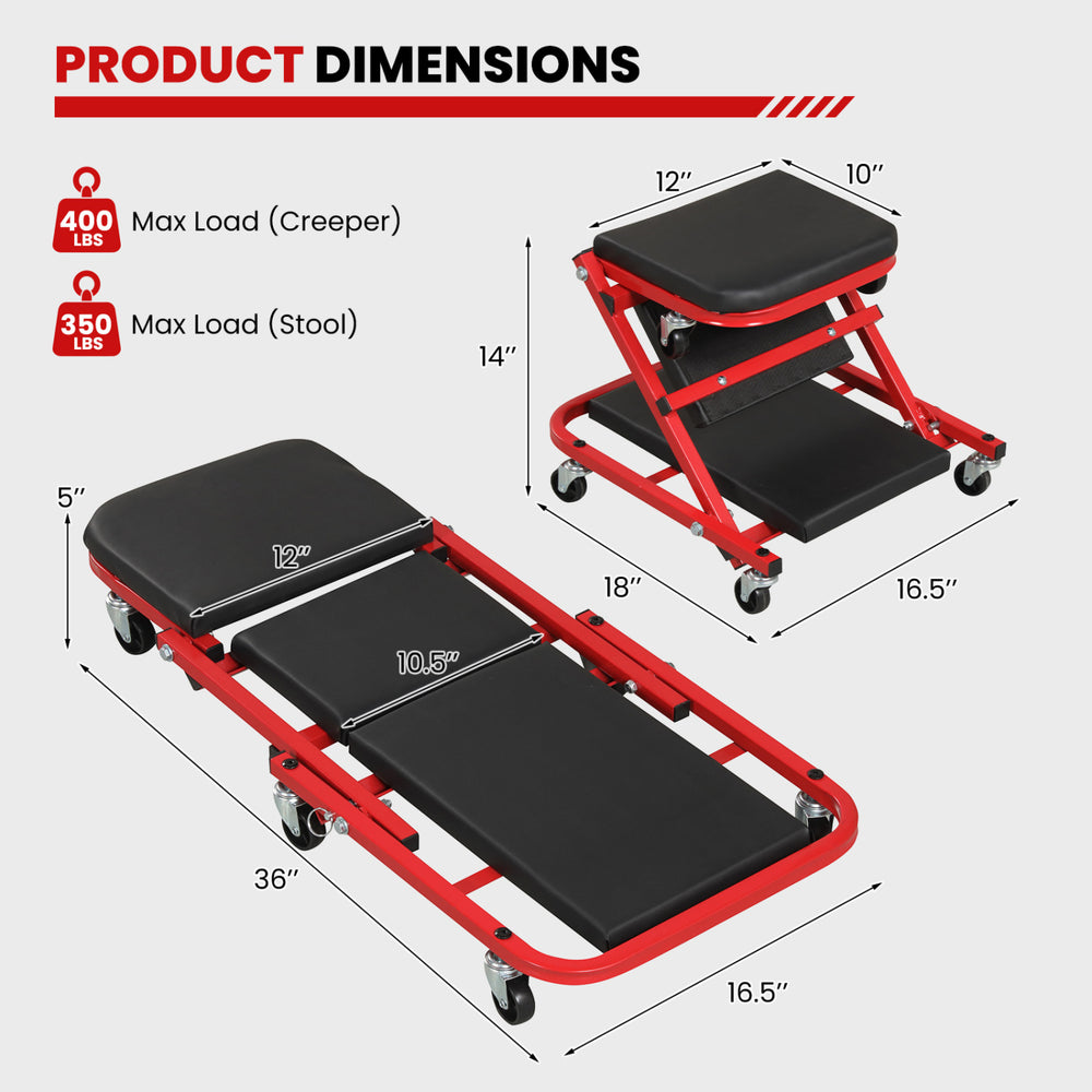 Z-shaped rolling garage stool and creeper in red, featuring a heavy-duty frame and cushioned seat for automotive use.