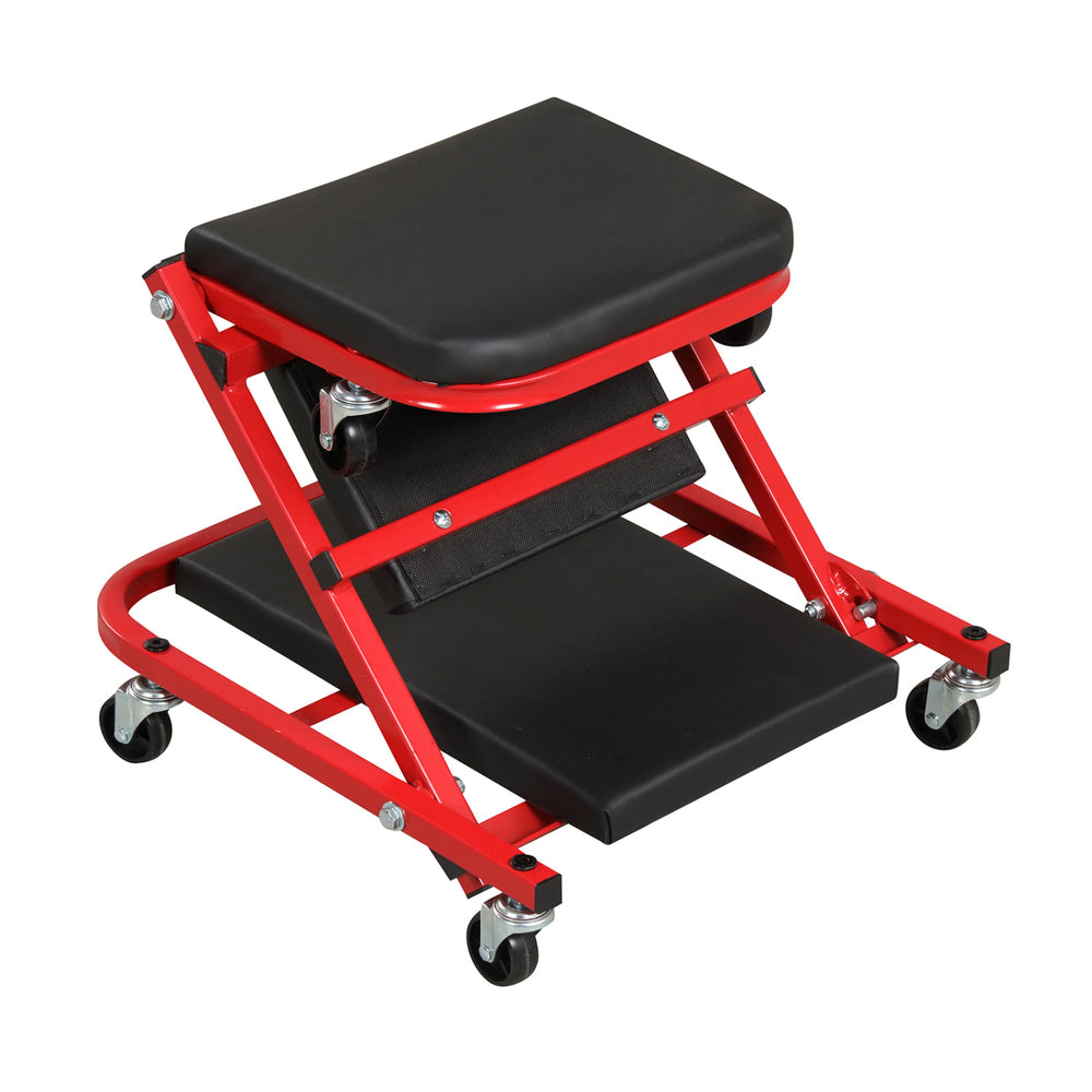 Rolling garage stool in red with a cushioned seat, featuring a simple pin mechanism for easy transformation into.