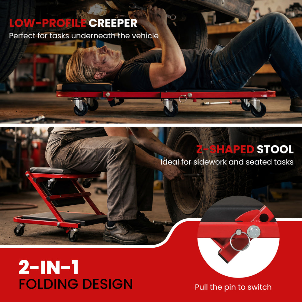 Low-profile creeper and Z-shaped stool in red, featuring a heavy-duty frame and cushioned seat for automotive tasks.