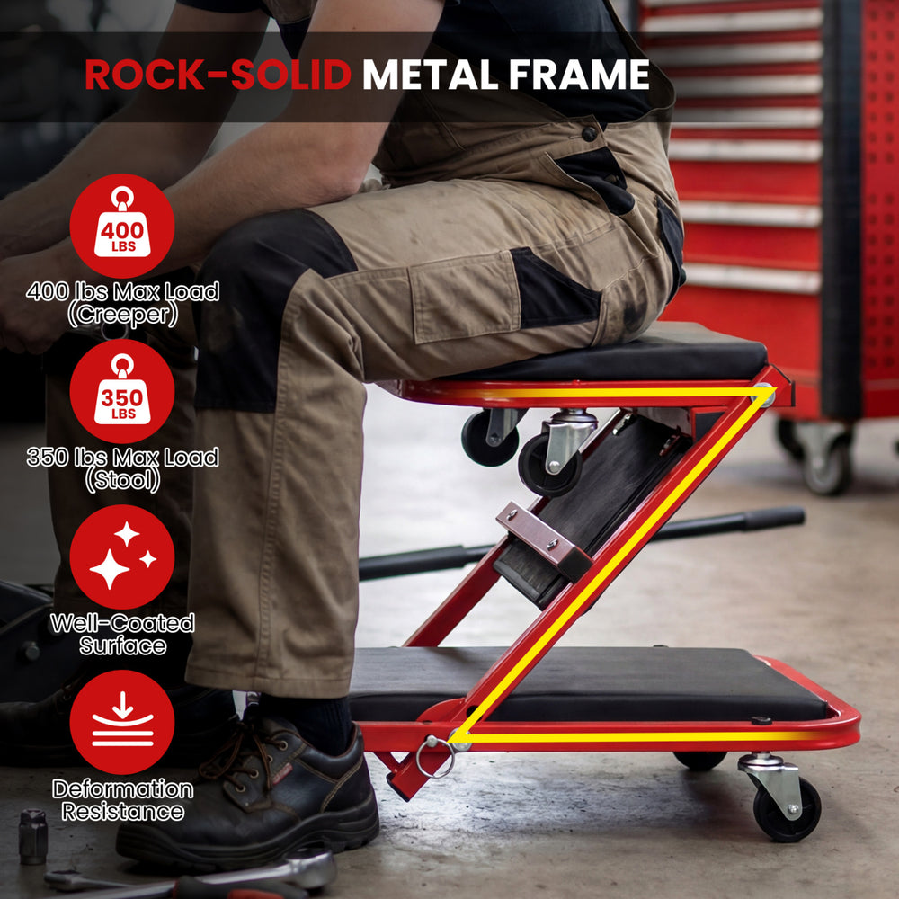Z-shaped rolling garage stool with heavy-duty metal frame, supports 400 lbs, ideal for automotive repair and workshops.