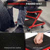 Z-shaped rolling garage stool with cushioned seat, waterproof PVC leather, and heavy-duty frame for automotive repair.