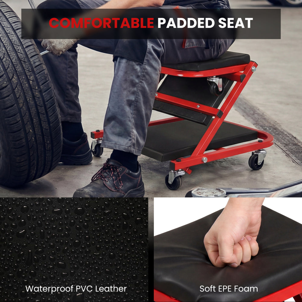 Z-shaped rolling garage stool with cushioned seat, waterproof PVC leather, and heavy-duty frame for automotive repair.