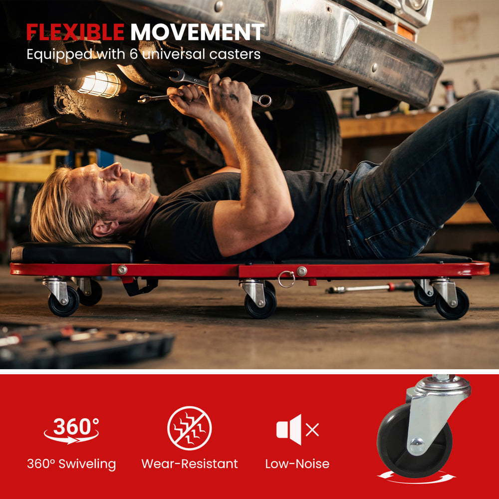 Red 2-in-1 Z-shaped rolling garage stool and creeper with cushioned seat and 360° swivel wheels for easy transport.