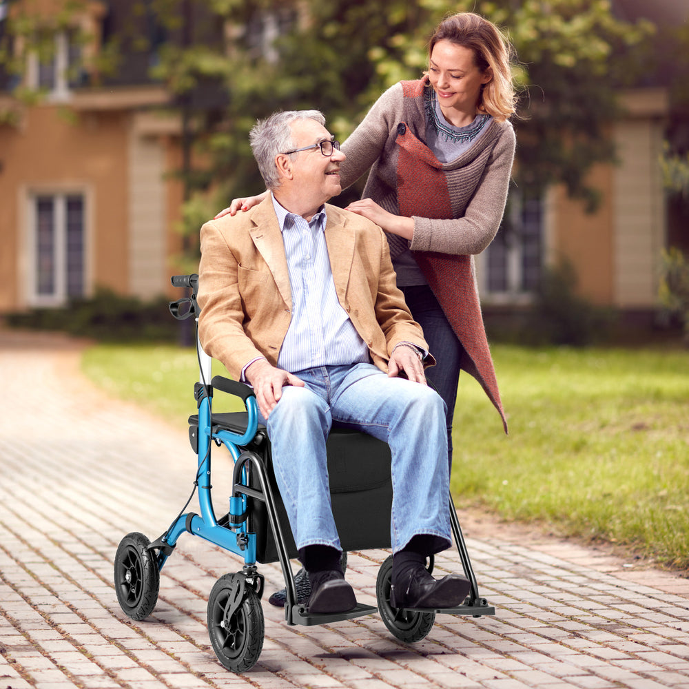 2-in-1 Foldable Rollator Walker with Seat abd 9 Inch Pneumatic Tires for Seniors-Navy - Gallery View 1 of 10