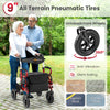 2-in-1 foldable rollator walker with 9-inch pneumatic tires, featuring a wide seat and adjustable height for seniors.