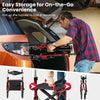 Foldable rollator walker with seat, red, featuring 9-inch pneumatic tires and adjustable height for seniors'.