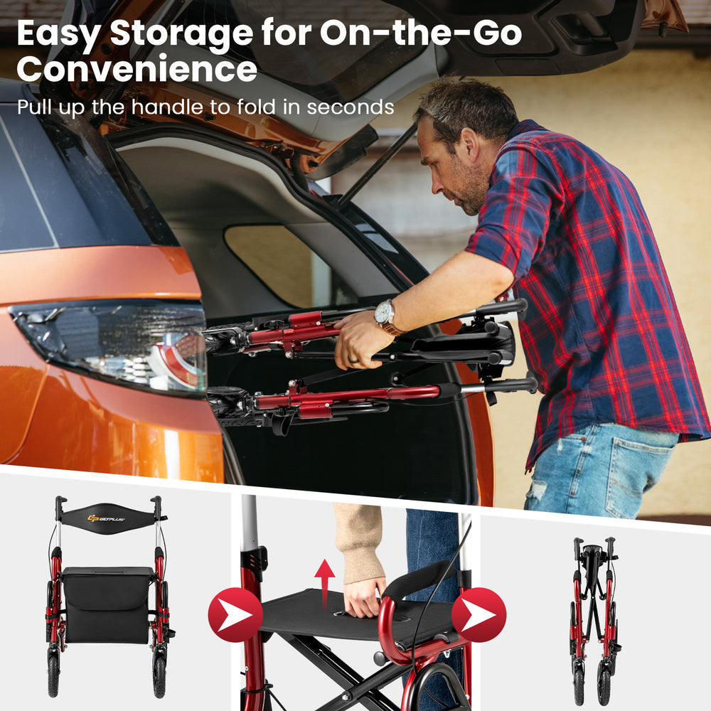 Foldable rollator walker with seat, red, featuring 9-inch pneumatic tires and adjustable height for seniors'.