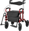 Foldable rollator walker in red with seat, pneumatic tires, and adjustable height for seniors, featuring storage pocket.