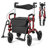 Foldable rollator walker with seat in red, featuring pneumatic tires, adjustable height, and storage pocket for seniors.