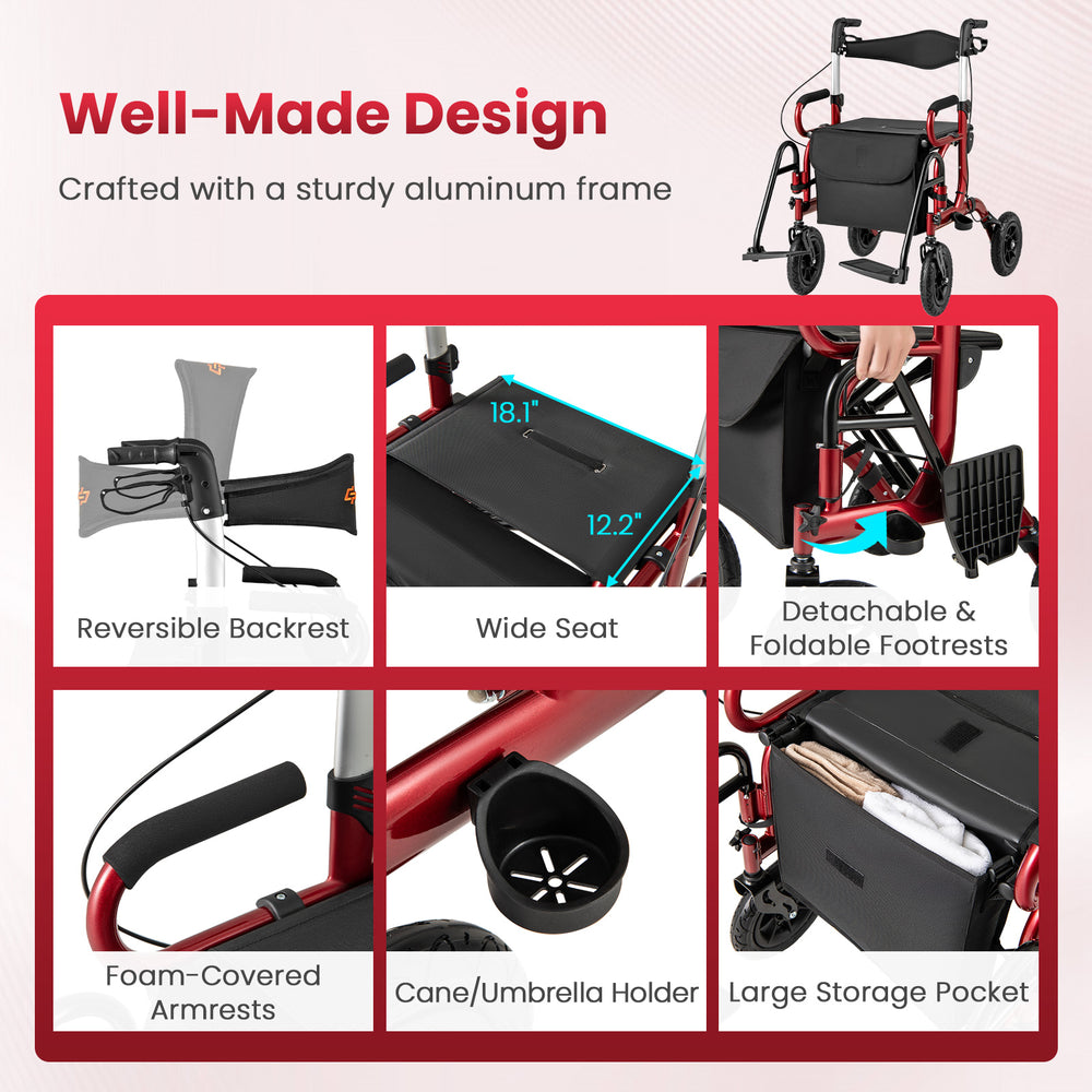 Foldable rollator walker with a wide seat, detachable footrests, and sturdy aluminum frame for seniors in red.