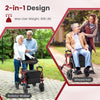 2-in-1 foldable rollator walker and wheelchair in red, featuring pneumatic tires and adjustable height for seniors.