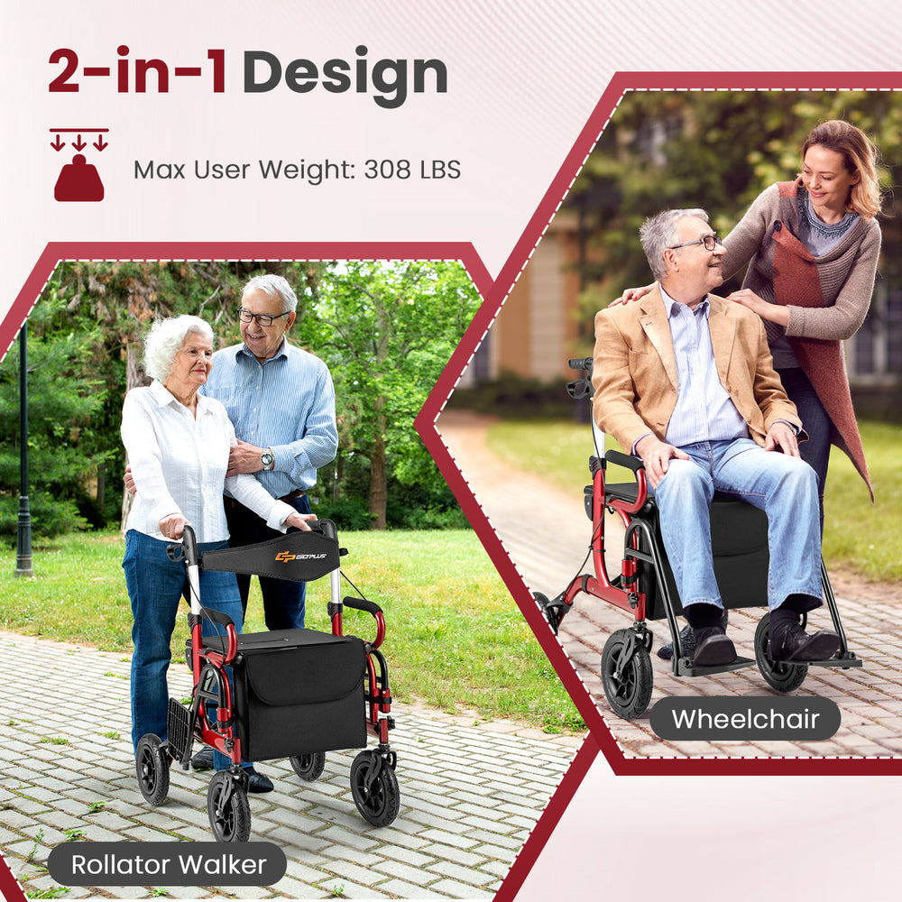2-in-1 foldable rollator walker and wheelchair in red, featuring pneumatic tires and adjustable height for seniors.