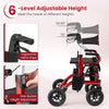 2-in-1 foldable rollator walker with adjustable height, ergonomic hand grips, and pneumatic tires for seniors in red.