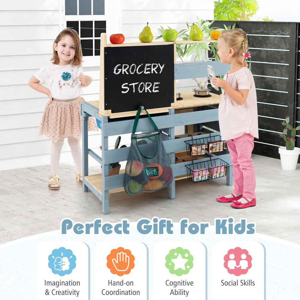 2-in-1 outdoor mud kitchen with faucet and chalkboard, featuring storage shelves and realistic play accessories for.