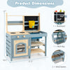 2-In-1 outdoor mud kitchen with faucet, chalkboard, and storage baskets for imaginative play and realistic experiences.