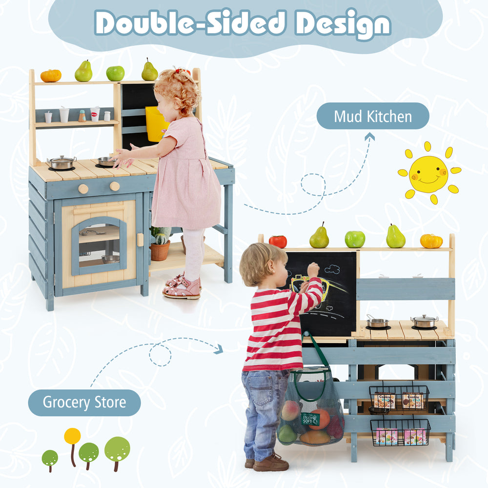 Double-sided outdoor mud kitchen and grocery store with faucet, storage shelves, and chalkboard for imaginative play.