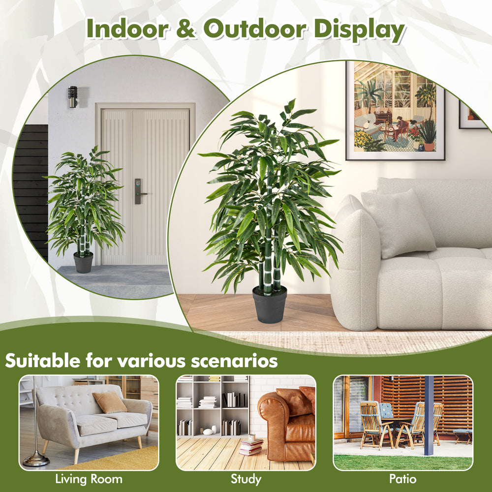 2 pack fake bamboo leave trees with green leaves and PE bamboo trunks, ideal for indoor and outdoor display.