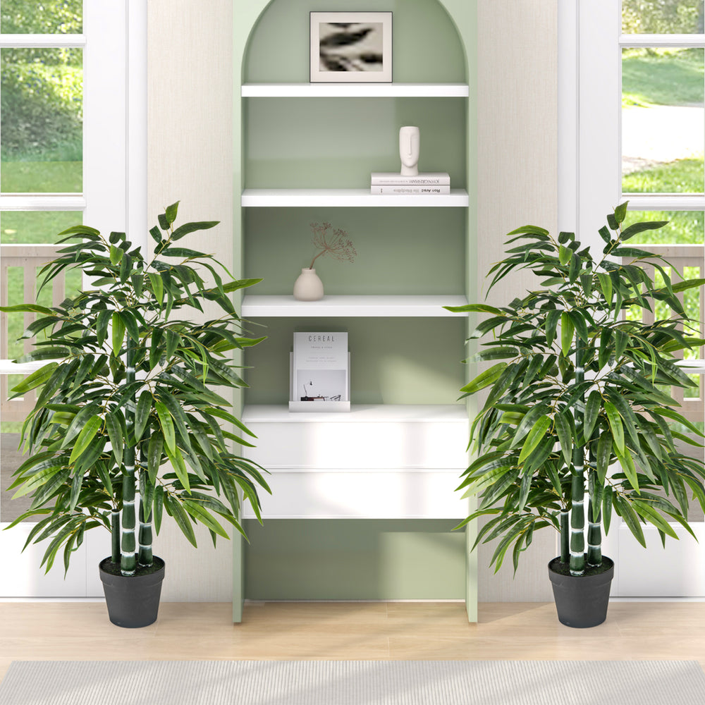 Two fake bamboo leave trees with PE bamboo trunks, featuring vibrant leaves, ideal for home or office decor.