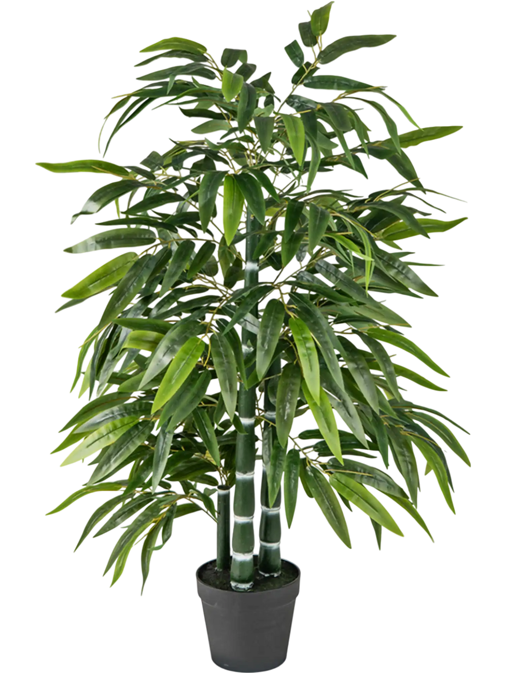 Fake bamboo leave tree with 3 PE bamboo trunks, featuring vibrant leaves and a stable base for home or office decor.