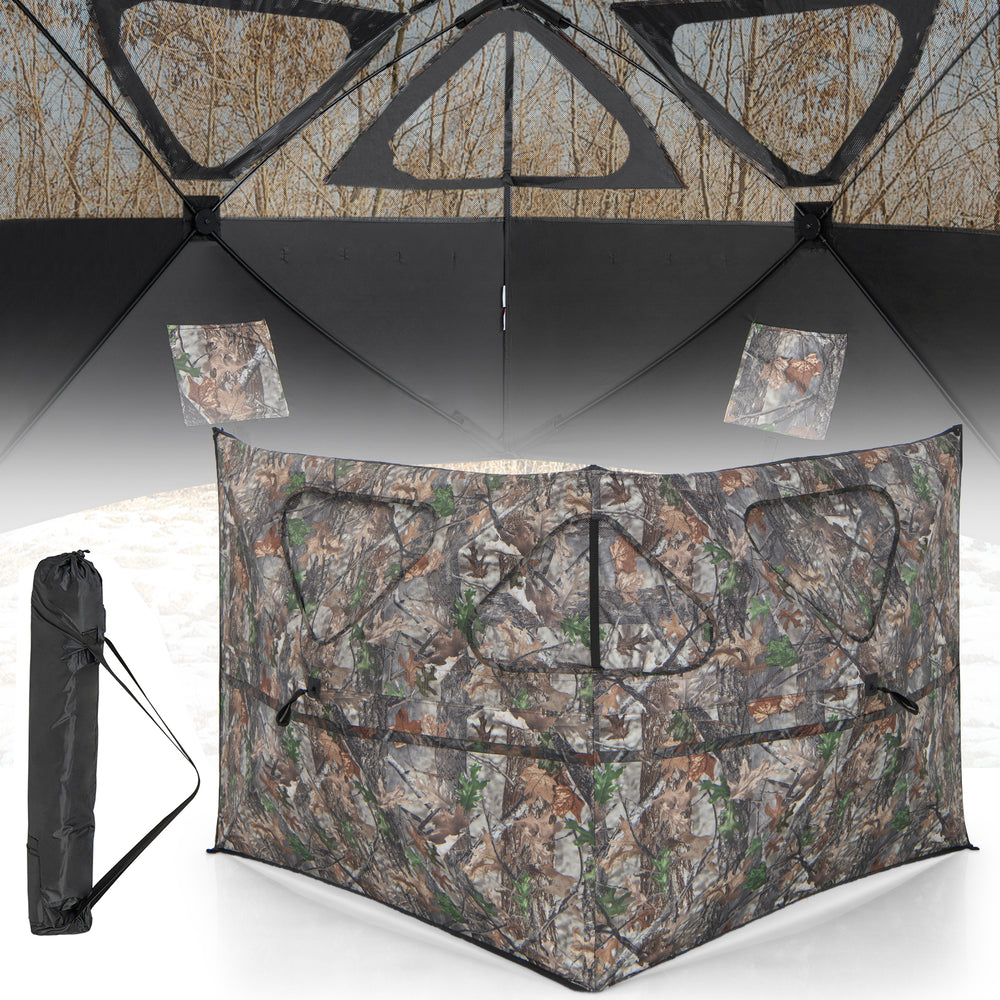 Pop-up hunting ground blind with hidden jungle patterns, 3 triangular shooting windows, and included carrying bag for.