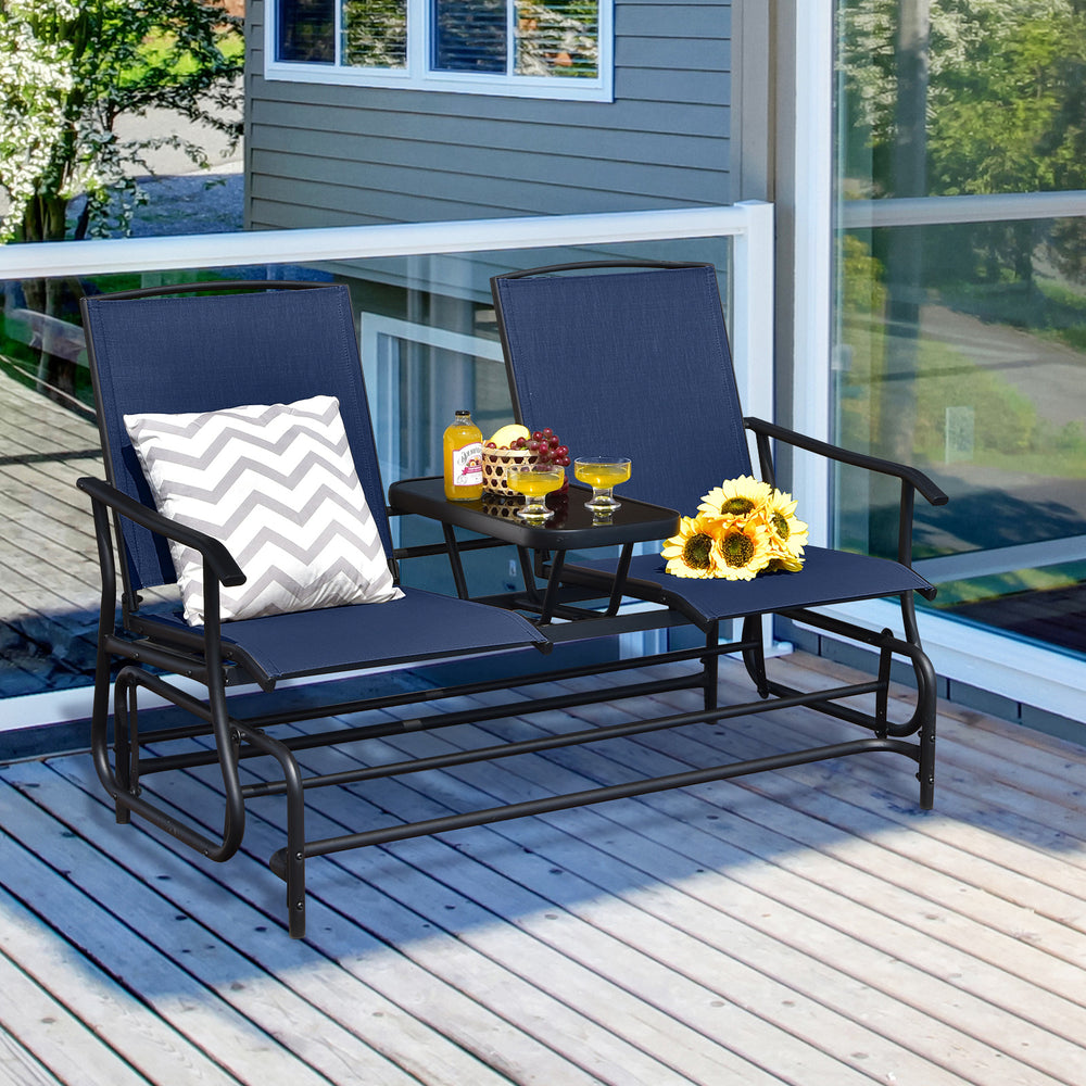 2-Person Double Rocking Loveseat with Mesh Fabric and Center Tempered Glass Table-Navy - Gallery View 1 of 11