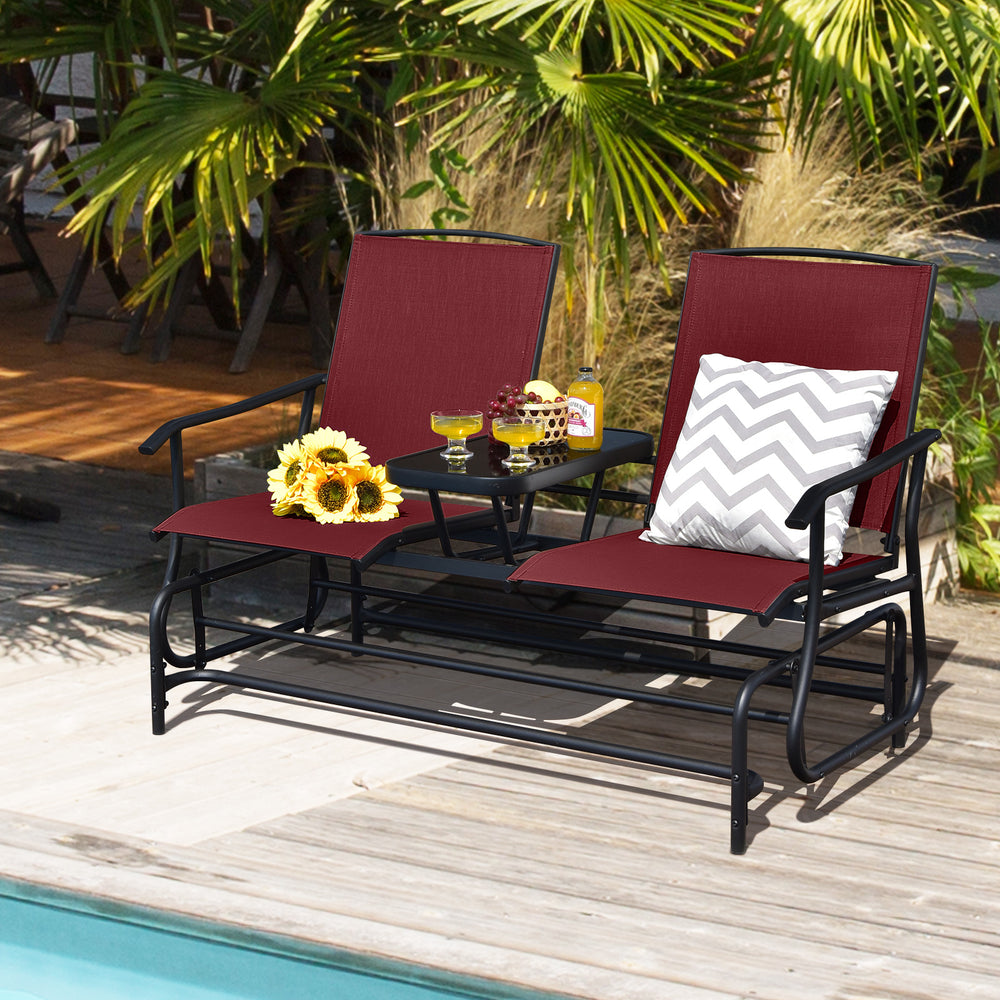 2-Person Double Rocking Loveseat with Mesh Fabric and Center Tempered Glass Table-Red - Gallery View 1 of 11