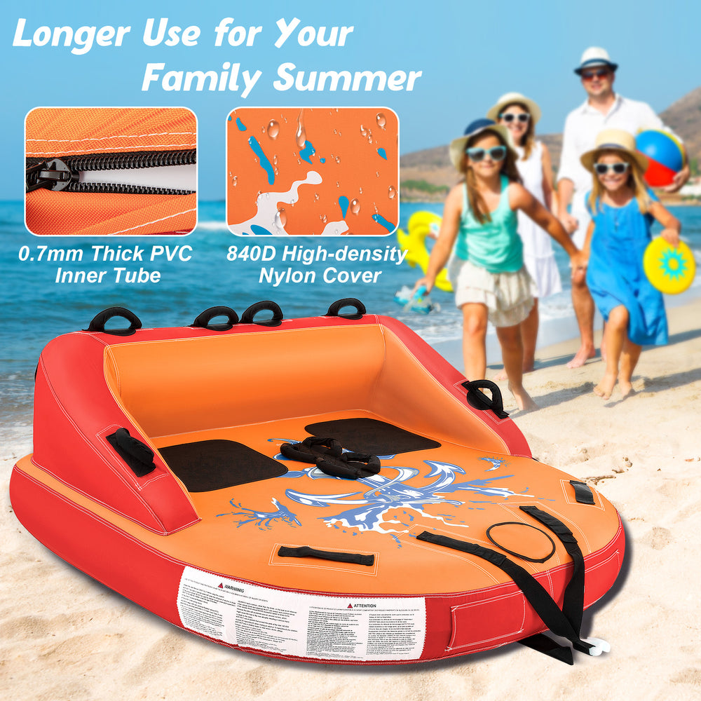 Inflatable towable tube for 2 riders in orange with high backrest and padded handles, perfect for boating fun.