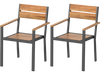Set of two stackable patio dining chairs featuring acacia wood armrests and a durable metal frame for outdoor use.