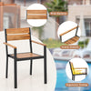 Ergonomic outdoor dining chair with acacia armrest and metal frame, perfect for backyard garden or patio use.