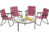 Four red folding beach chairs with a marble table, perfect for outdoor gatherings by the pool.