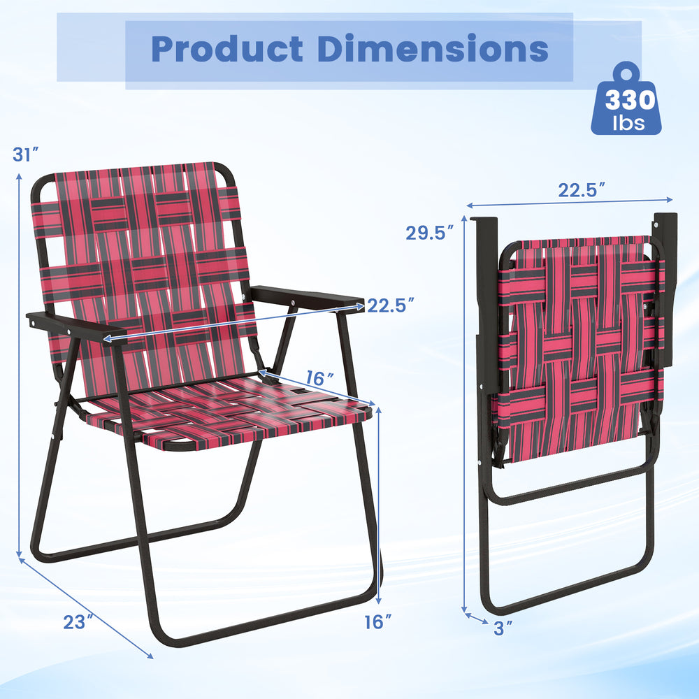Folding beach chair with red webbing, featuring a sturdy steel frame, dimensions 31"x22.5"x29.5", supports 330 lbs.