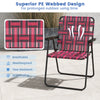 Red folding beach chair with breathable PE webbing, sturdy steel frame, ideal for camping and outdoor activities.