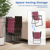 Folding beach chair in red webbing, featuring a sturdy steel frame, ideal for camping and outdoor activities.