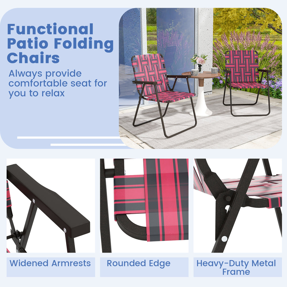 Red folding beach chair with widened armrests and heavy-duty metal frame, perfect for camping or outdoor relaxation.